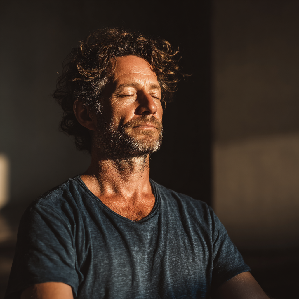 Confident middle-aged man in his 40s sitting in peaceful meditation pose, demonstrating inner calm and mindfulness practice
