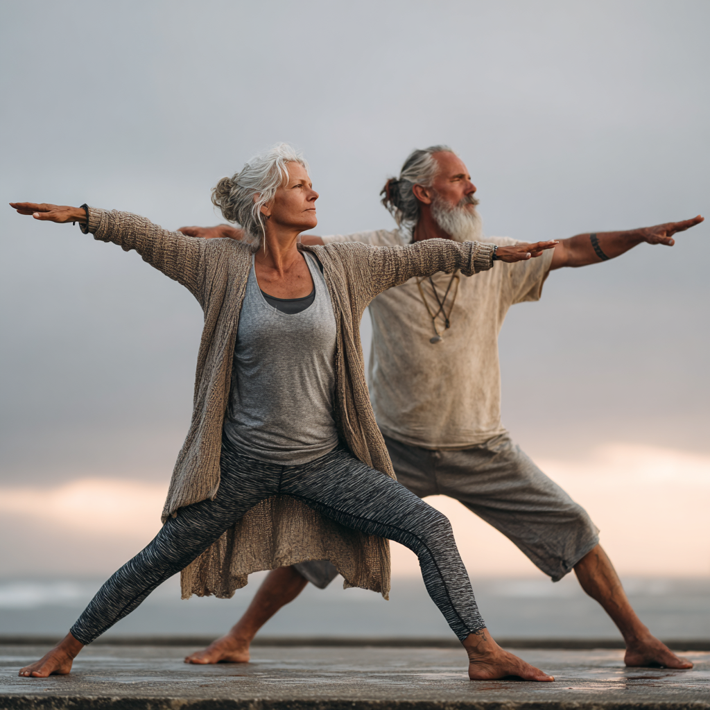 Mature woman and man in their 50s practicing yoga together outdoors, showing flexibility and strength in warrior pose