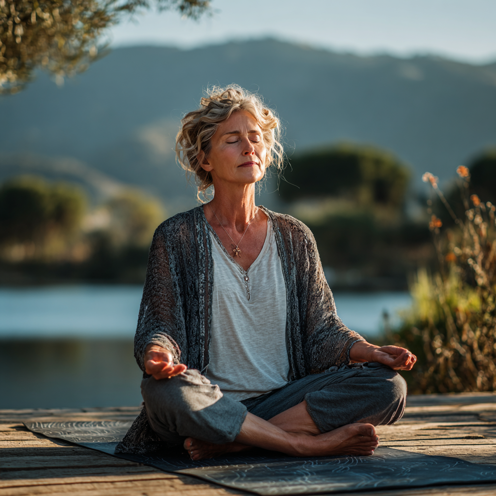 Peaceful middle-aged woman in meditation pose on yoga mat, practicing mindfulness in serene natural setting